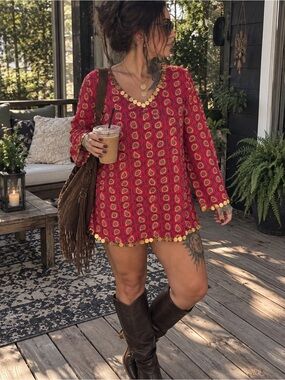Sacred Threads Red Printed Tunic with Gold Coin Trim